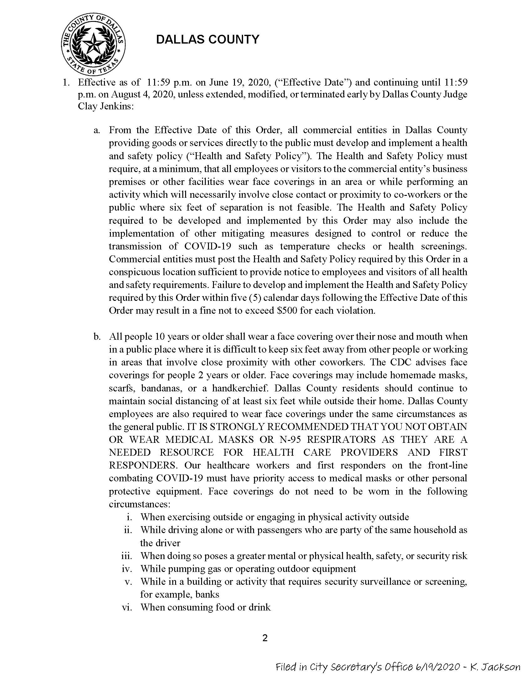 06-19-2020  Dallas County Supplemental Order on Continuing Requirements after Expiration of Stay At 
