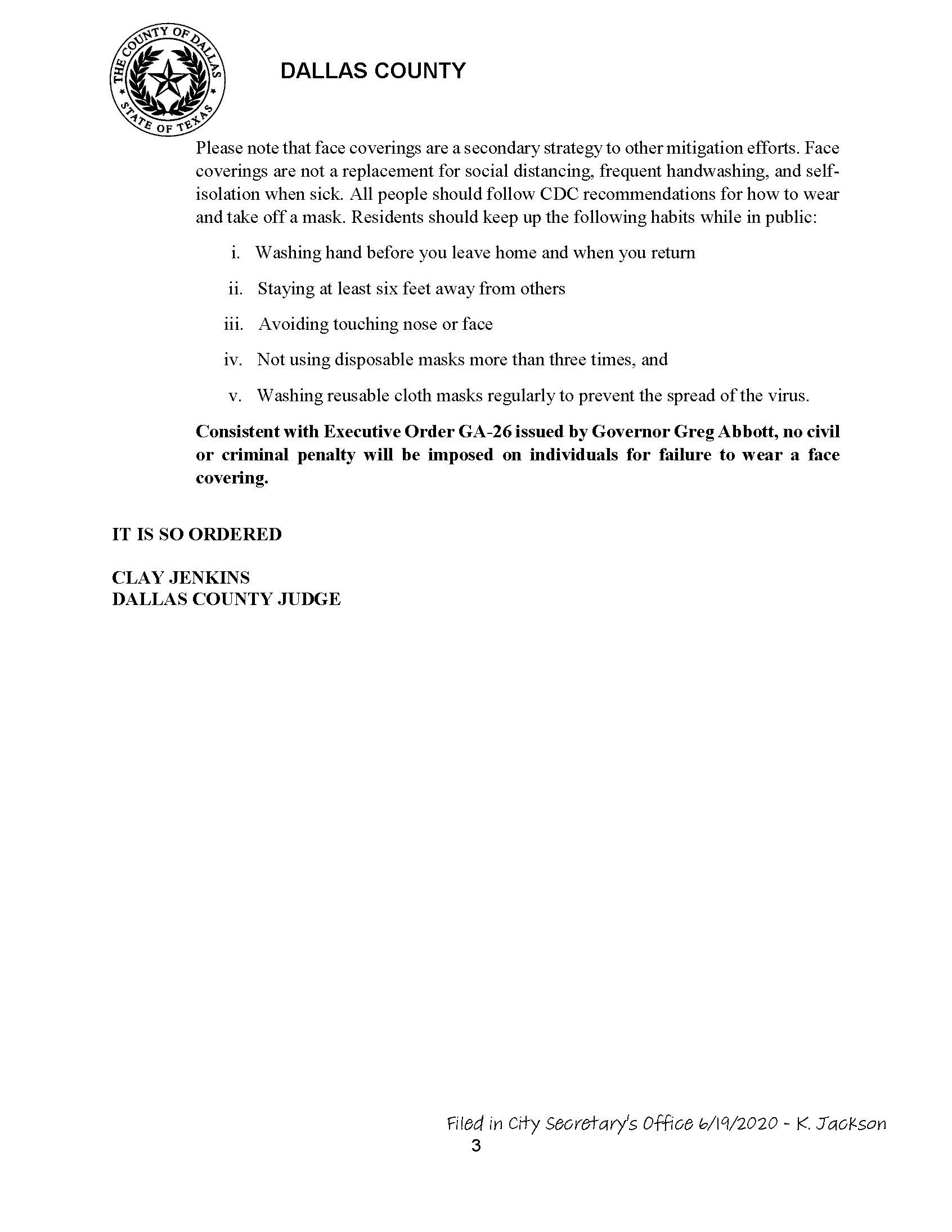 06-19-2020  Dallas County Supplemental Order on Continuing Requirements after Expiration of Stay At 