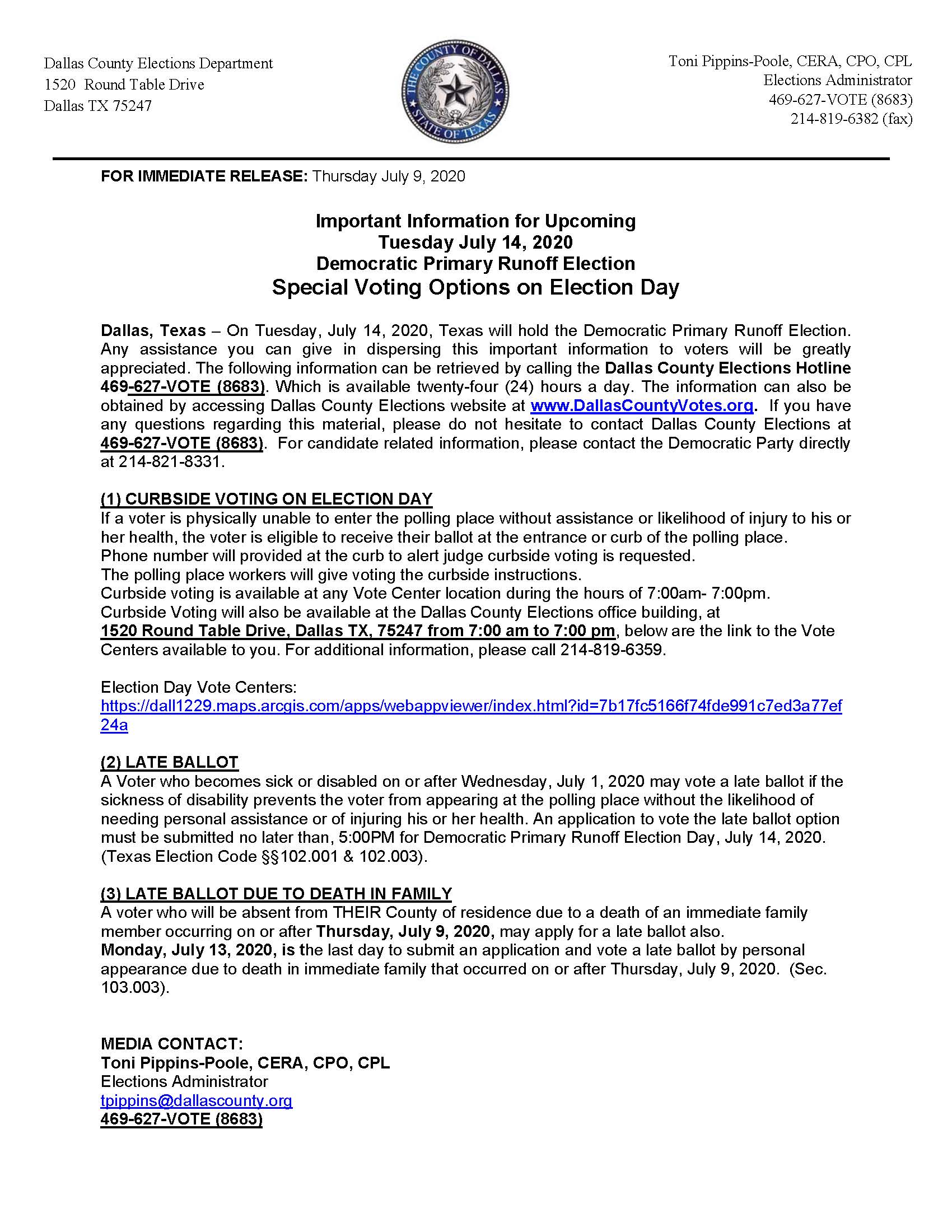 Special Voting Options on Election Day PR- JULY 14 2020